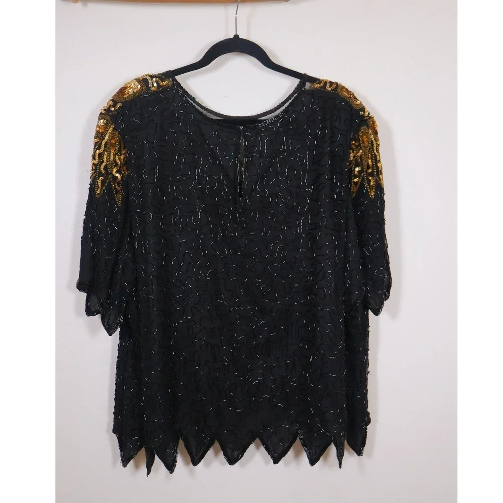 Laurence Kazar Blouse Black Gold Sequin Vintage Glam‎